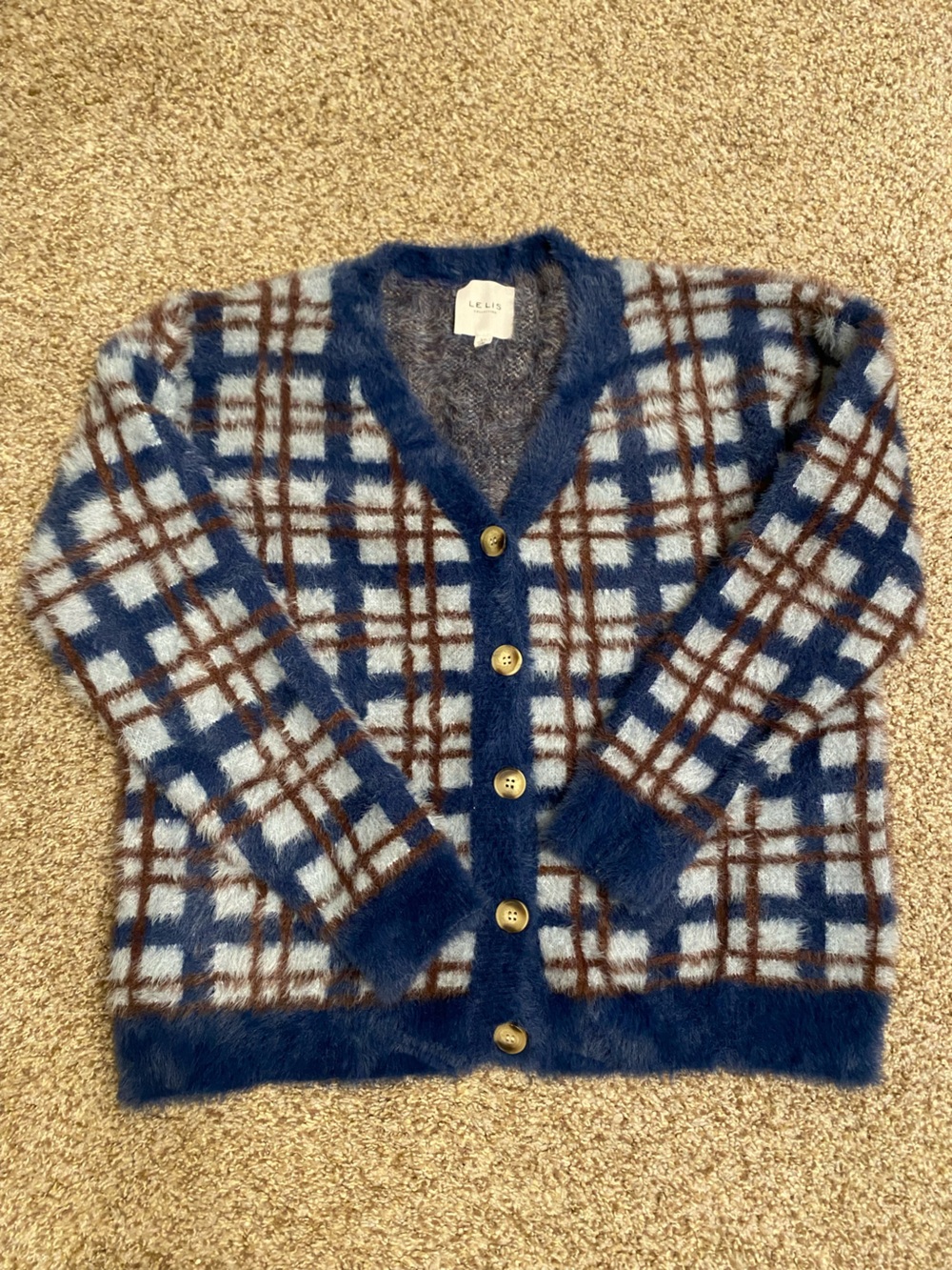 Le Lis Blue and Brown Plaid Fuzzy Button-Up Cardigan